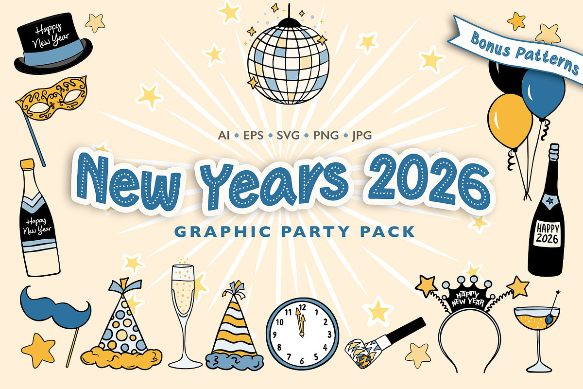New Year’s 2026: Graphic Party Pack, a Seasonal Illustration by cugypress (Photo 1 of 6)