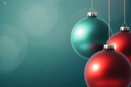 Christmas red and green matte ornaments on teal green background, a Photo by Dvoevnore photos