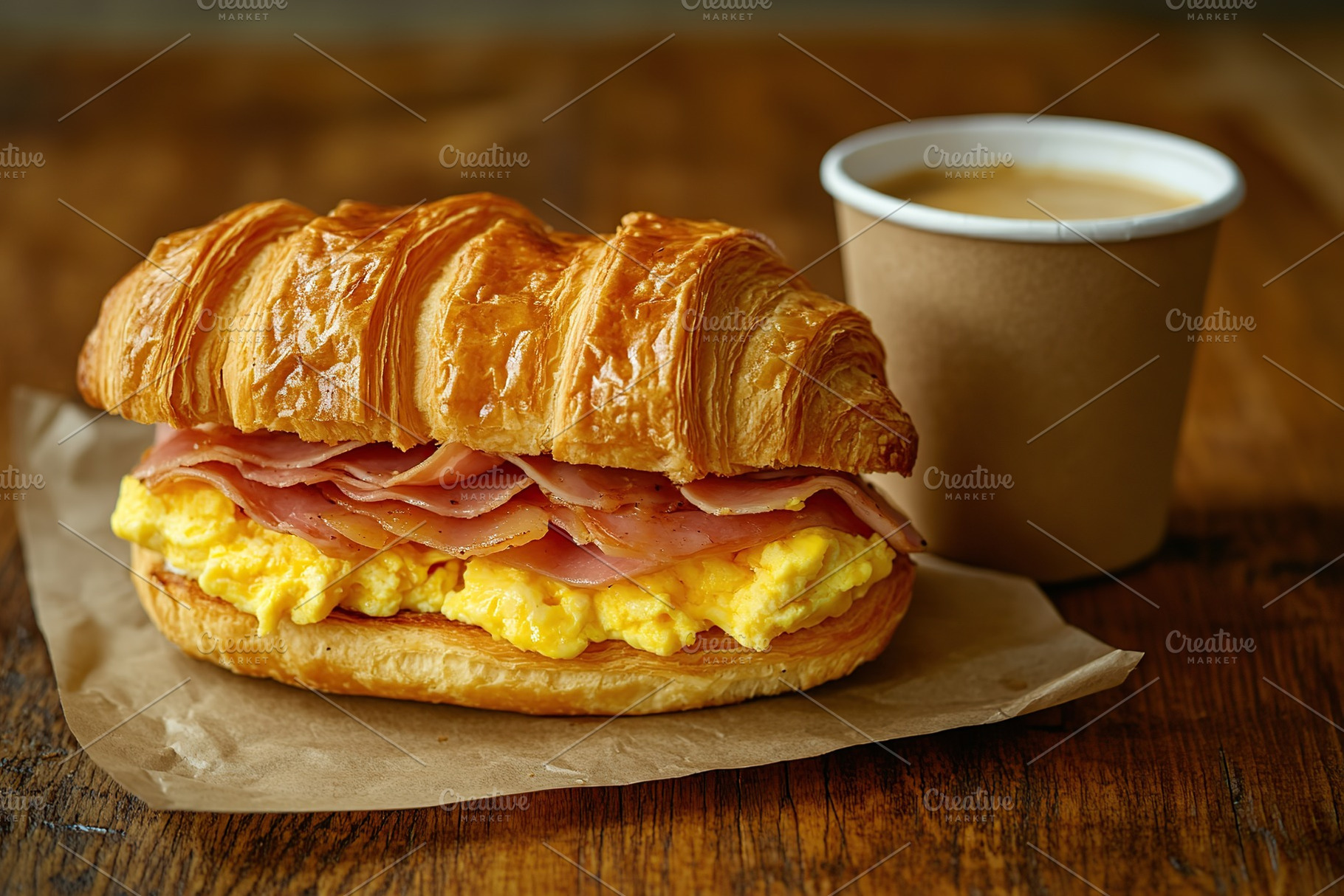 Croissant sandwich with meat, cheese, vegetables and takeaway paper cup of coff, a Food & Drink Photo by AlyaAnd