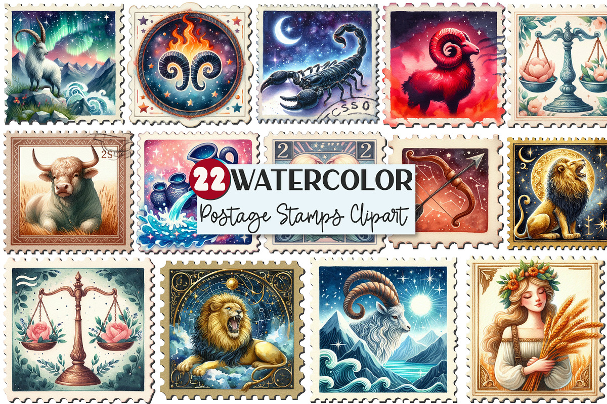 Zodiac Postage Stamps Clipart, an Illustration by Rose Art (Photo 1 of 4)