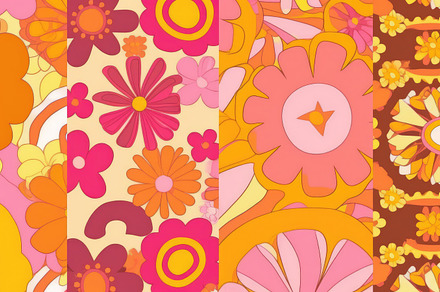 A set of hippie flower patterns, in the style of pop art. Generative AI, a Background Photo by José Manuel Gelpi