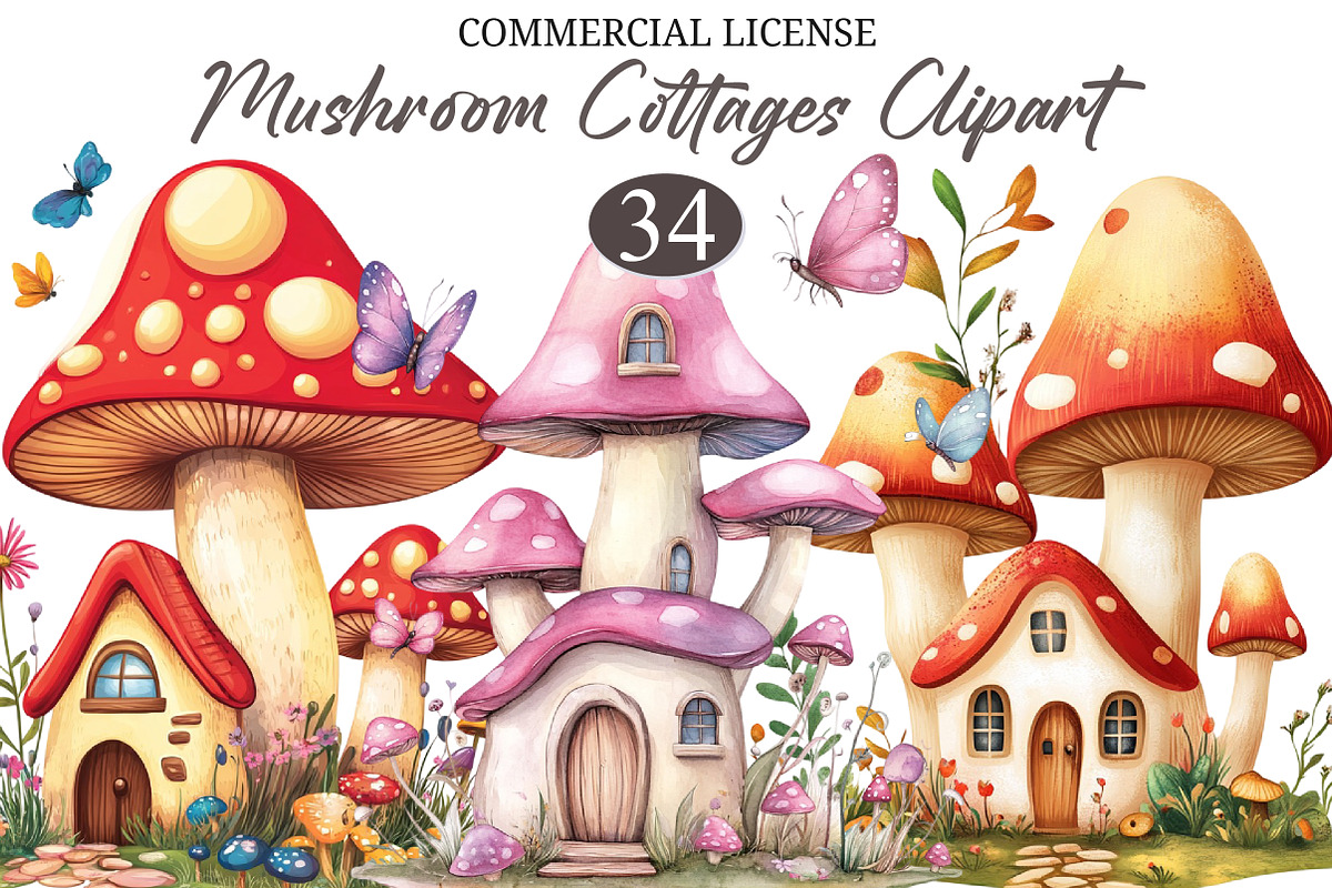 Mushroom Cottages Whimsical Clipart, a Seasonal Illustration by designcity5 (Photo 1 of 5)