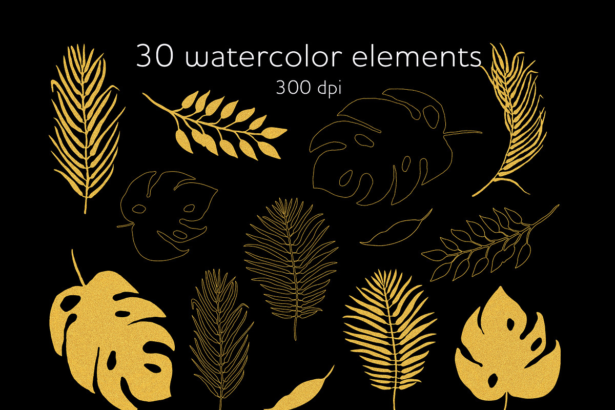 Green and gold leaves clipart, a Decorative Illustration by AnastasiaWatercolor (Photo 5 of 6)