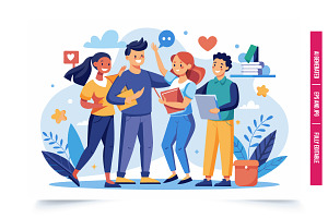 A group of four diverse students, tw, an Illustration by Tanuart