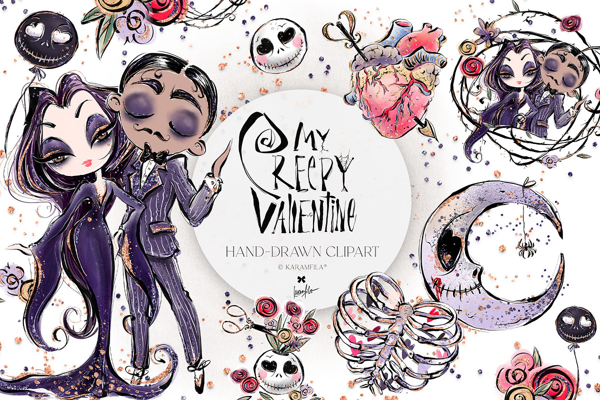 Whimsical Gothic Valentine Clipart, a Seasonal Illustration by KaramfilaS (Photo 1 of 8)