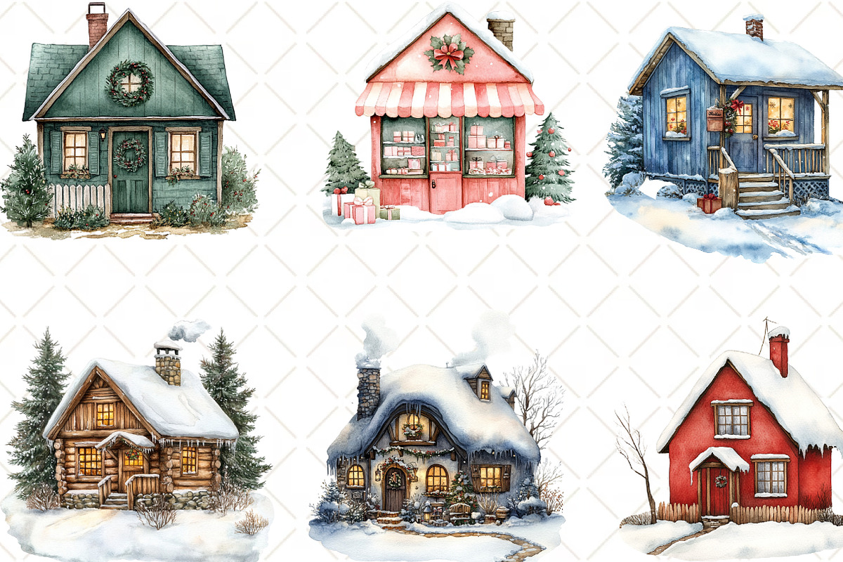 Watercolor Christmas Village Clipart, an Illustration by Black Bird Studio (Photo 4 of 6)