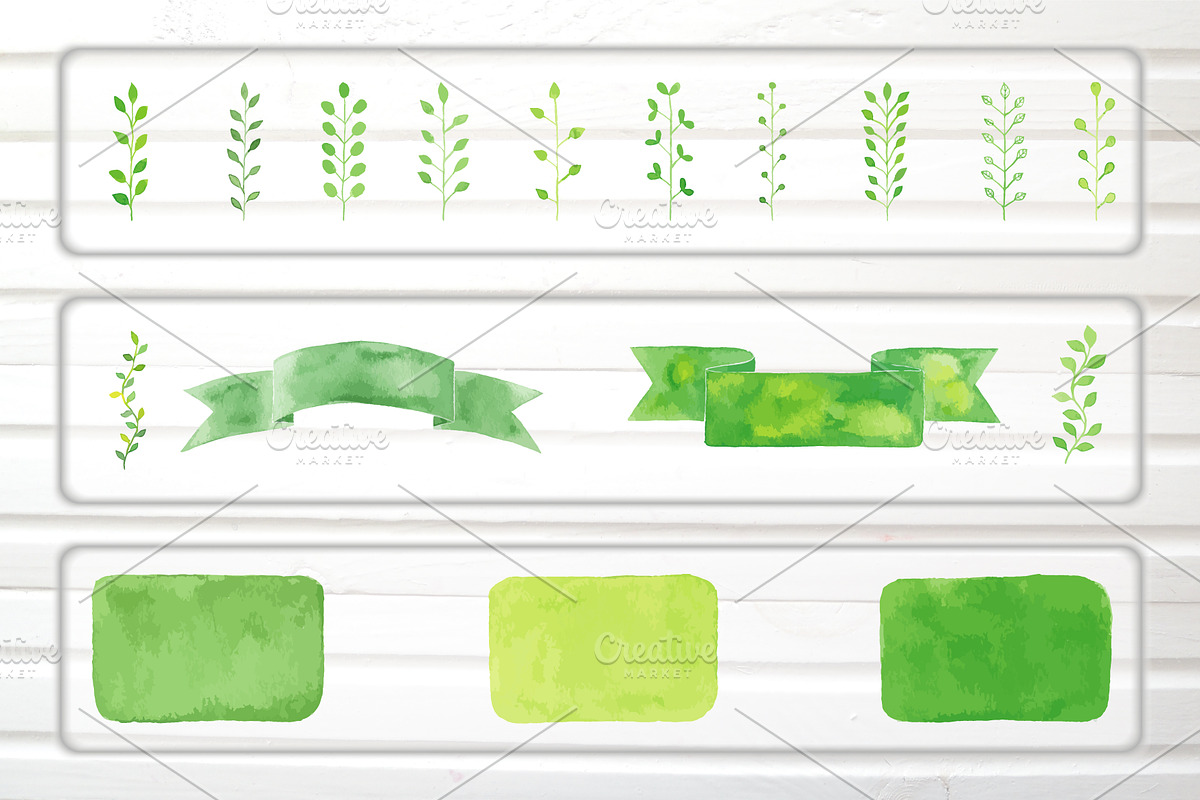 Green Watercolor Vector Big Set, a Decorative Illustration by Happiestsim (Photo 2 of 3)