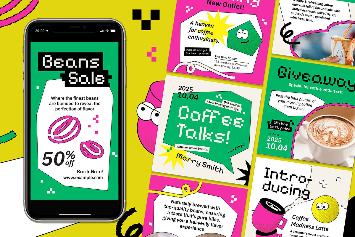 Pixelated Coffee Shop Instagram Set, a Social Media Template by Aiyari Graphic (Photo 1 of 5)