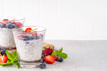 Chia seeds pudding dessert with fresh berries