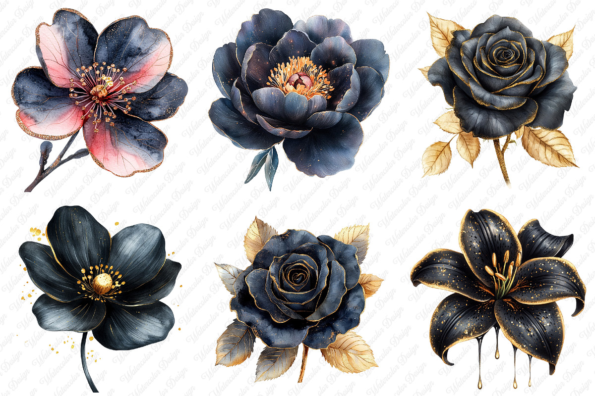 Glitter Luxury Black Spring Flower, an Illustration by Watercolor design (Photo 4 of 12)