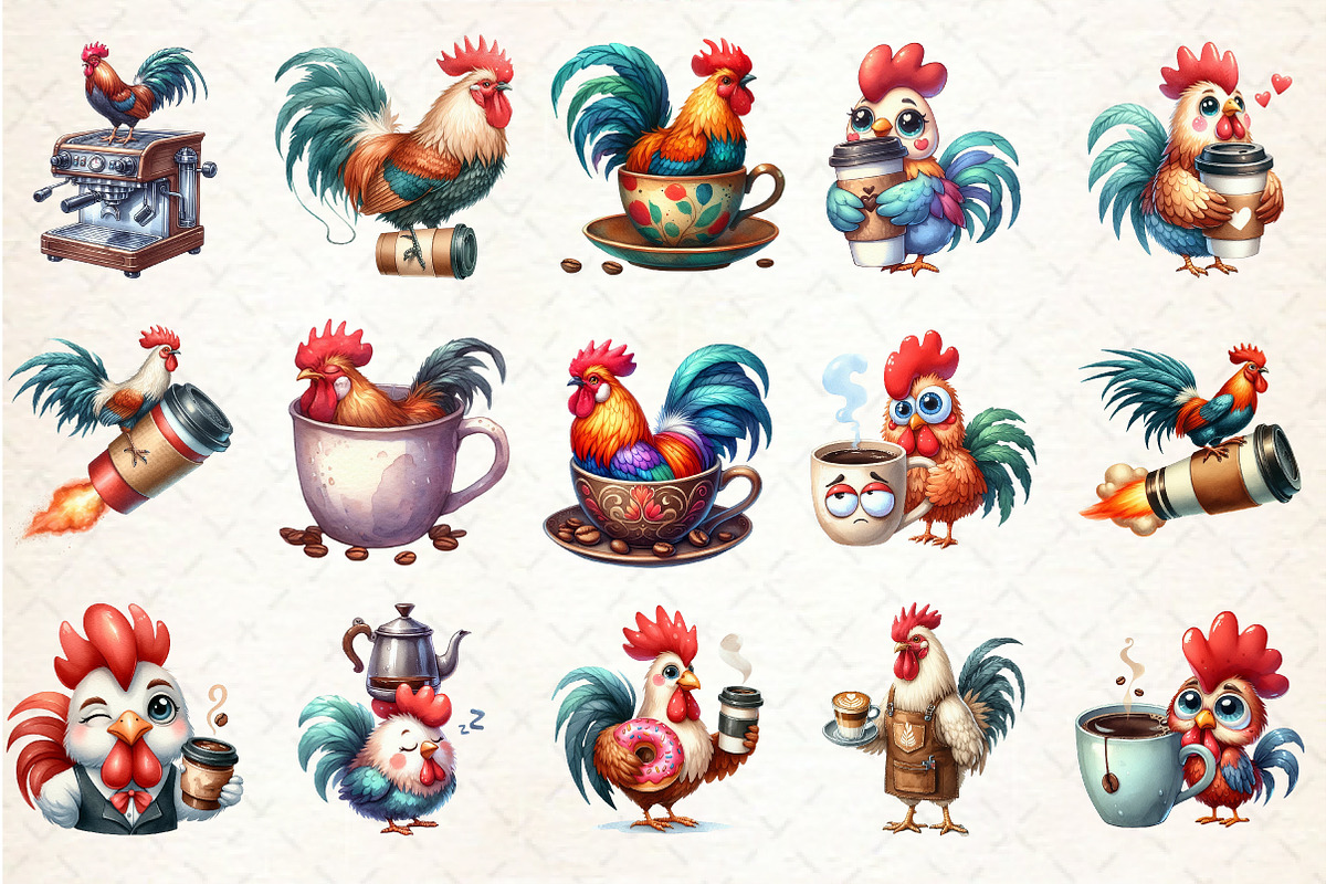 Quirky Rooster with Coffee Clipart, an Illustration by Rose Art (Photo 2 of 7)