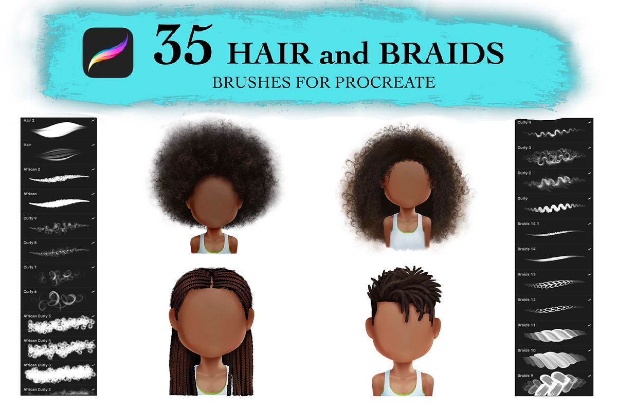 Curly Hair Braids Brushes Procreate, a Brush Add-On by Lucrumplus (Photo 1 of 2)