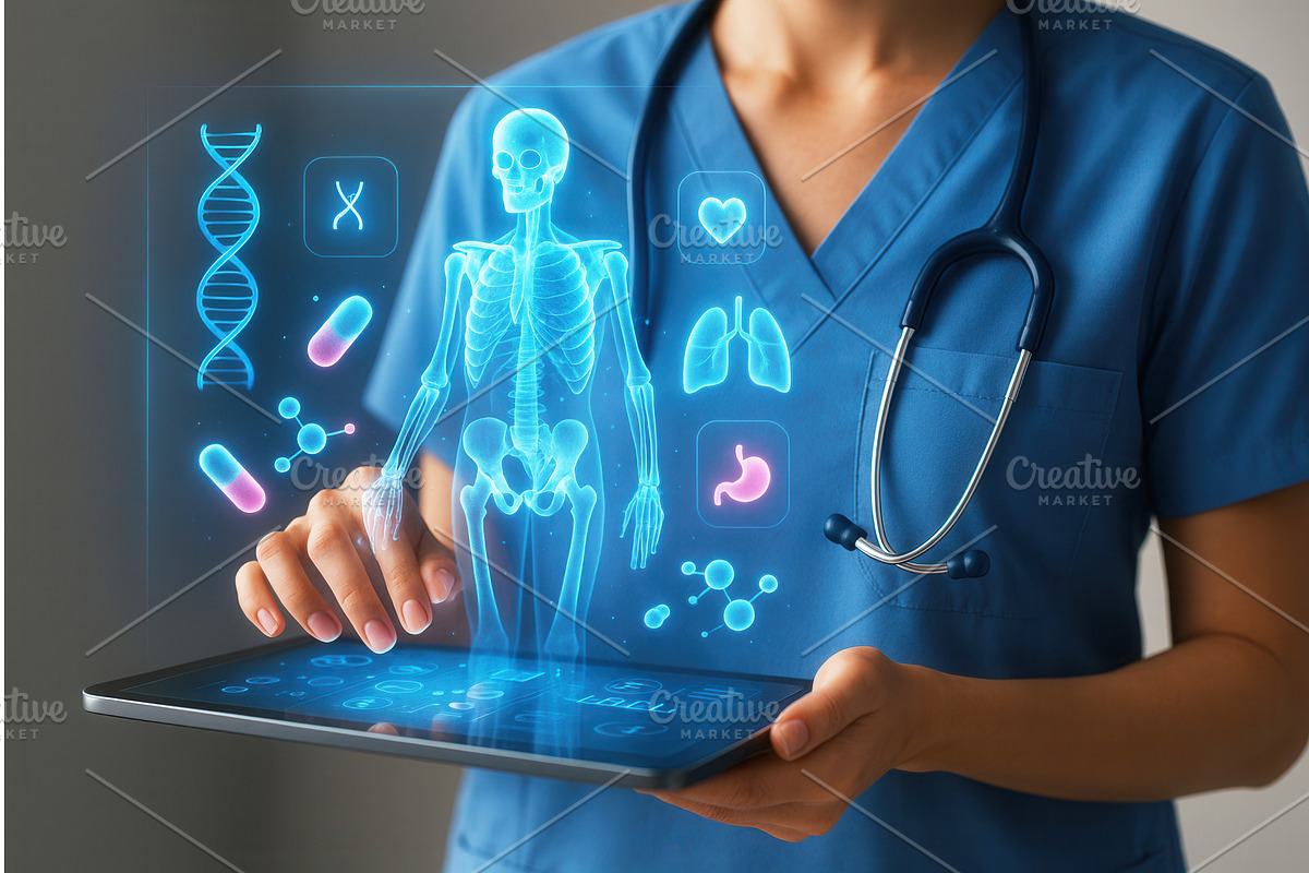 Healthcare professional using a, an Illustration by Sergey Kotenev