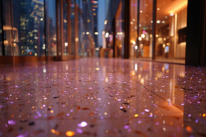 Reflections and lights on a polished floor in a modern urban building at dusk, a Photo by AlyaAnd