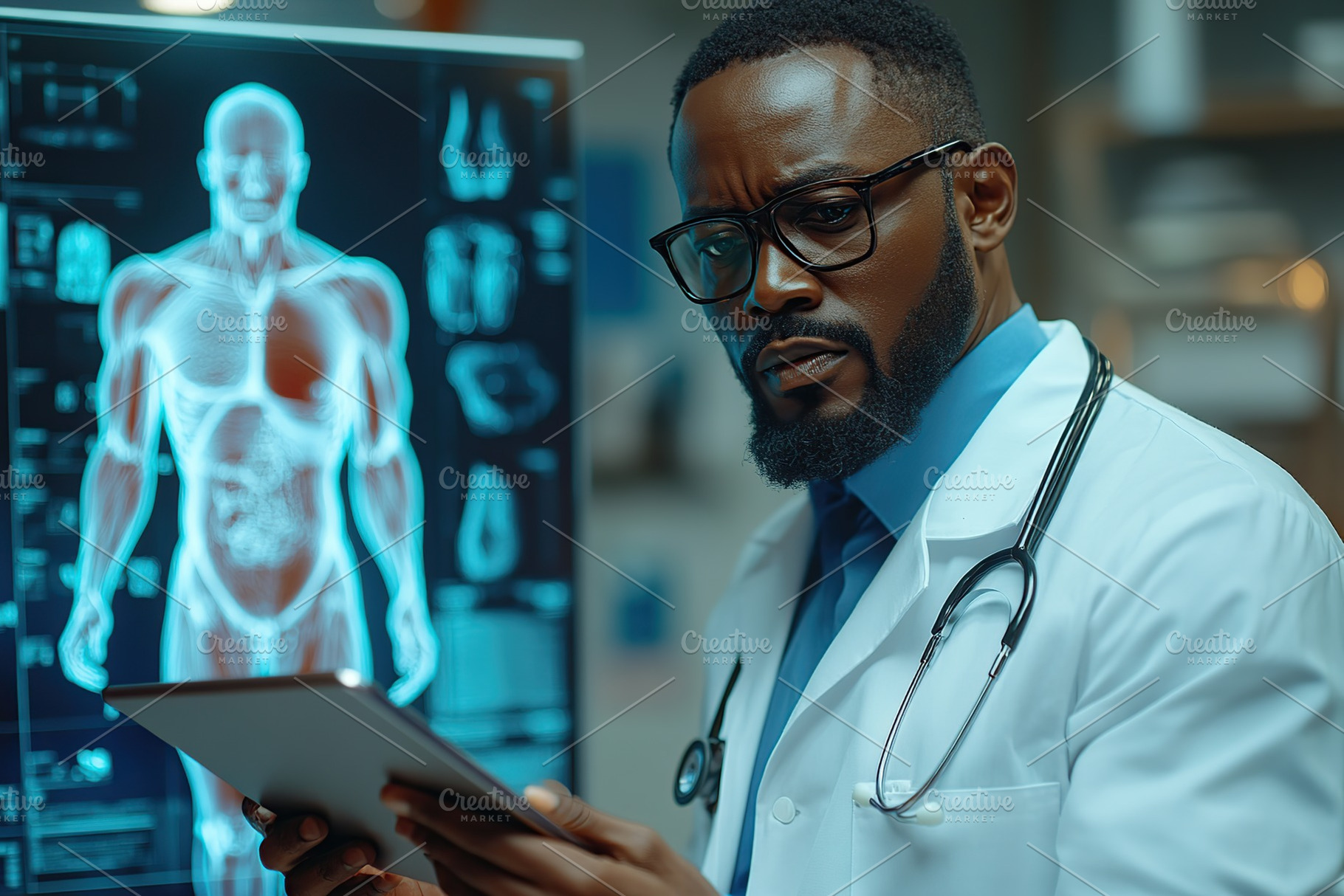 Doctor using digital tablet and checking patient test results standing near big, a Health & Medical Photo by AlyaAnd