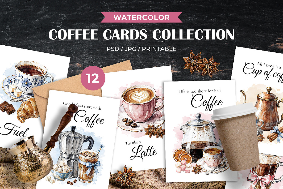 Coffee Cards Collection Watercolor, a Card Template by Iryna Denysova (Photo 1 of 5)