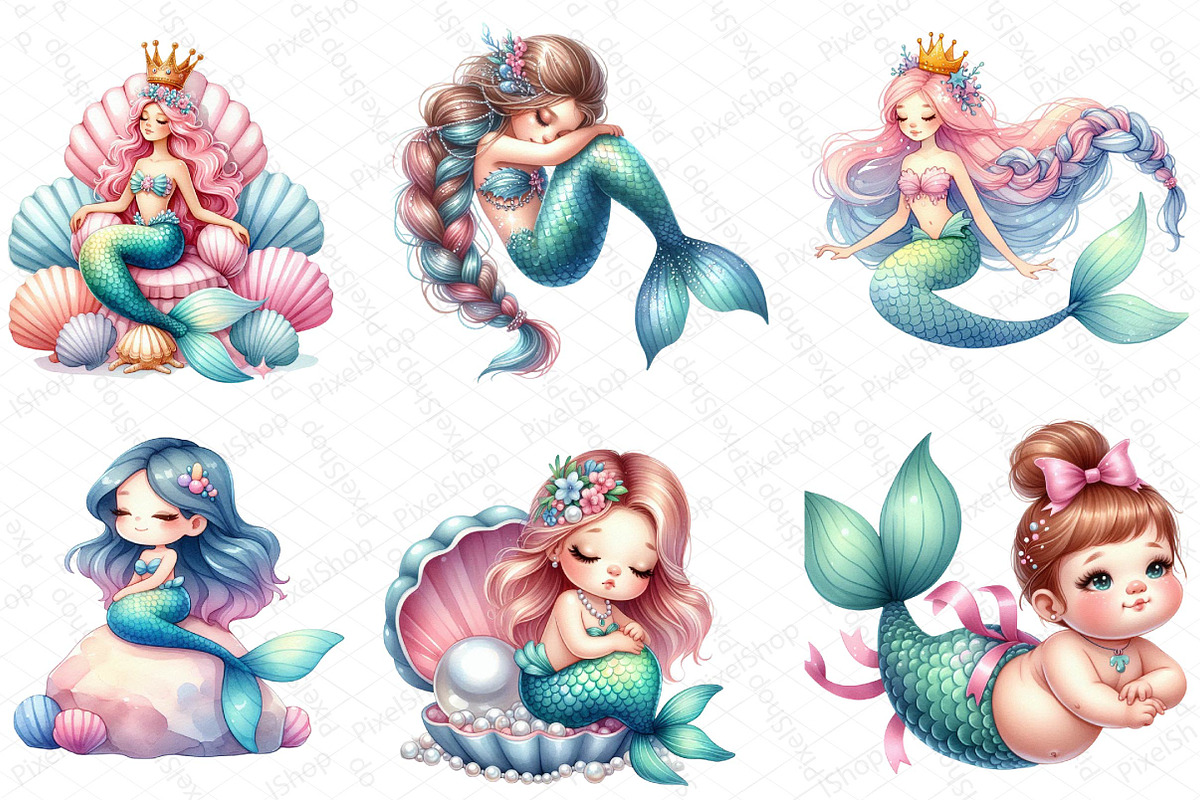 Cute Mermaid Watercolor Clipart, an Illustration by DreamPrint404 (Photo 4 of 4)