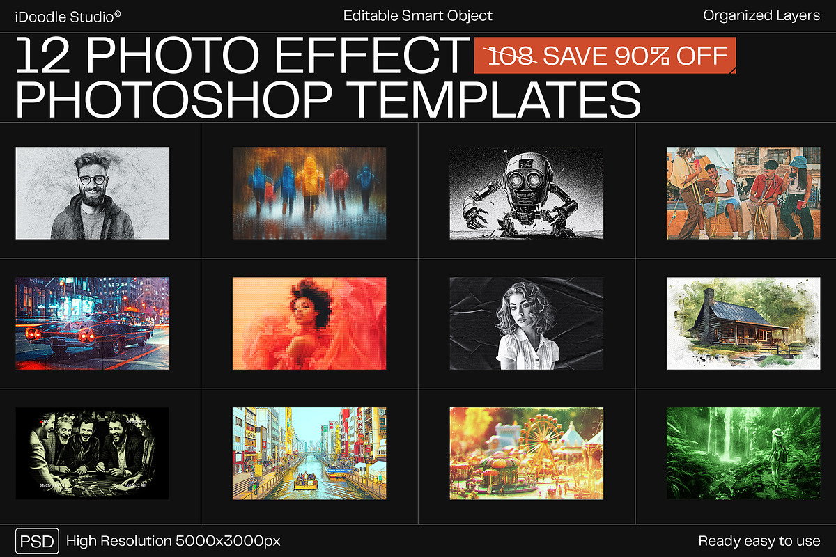 12 Photo Effect Templates, a Layer Style Add-On by iDoodle Studio