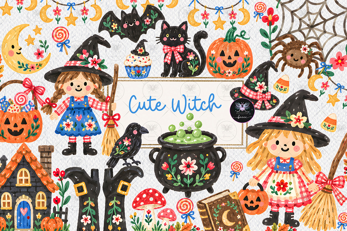 Cute Witch Halloween Clipart, a Decorative Illustration by BigCakeBee (Photo 1 of 3)