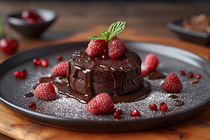 Indulgent chocolate lava cake topped with fresh raspberries and, a Food & Drink Photo by ImageMir
