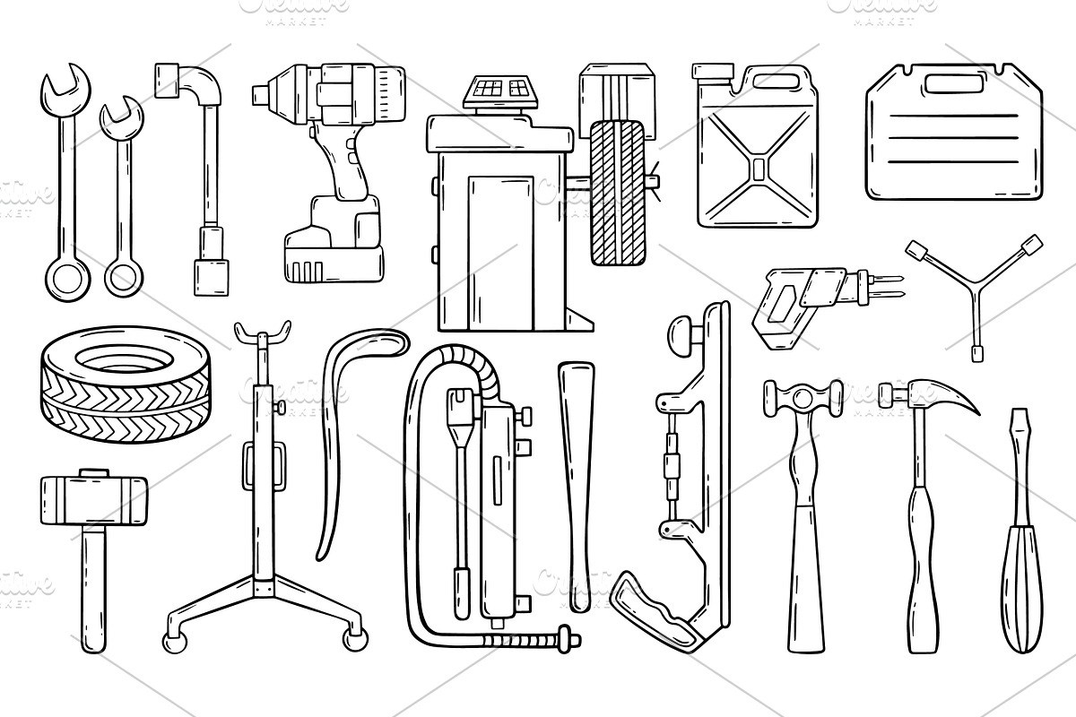 Doodle auto service set. Car repair, a Transportation Illustration by Valerie Bodnar