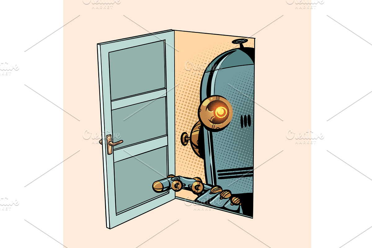 A robot looks through an open door, an Illustration by rogistok