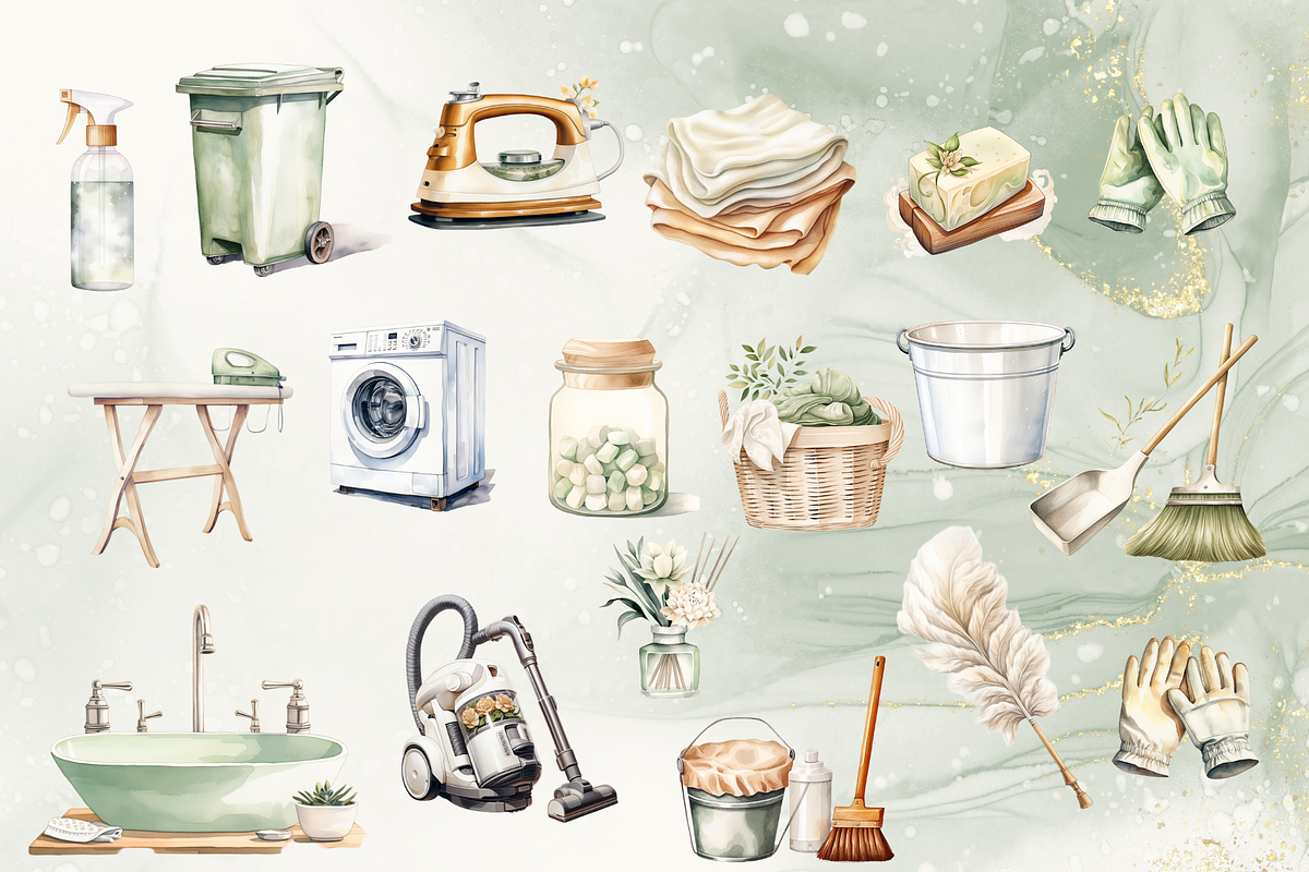 Watercolor Cleaning &Laundry Clipart, an Illustration by NadiaTheronArt (Photo 2 of 5)