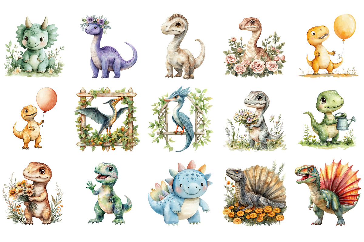 Dinosaurs Watercolor Clipart, an Illustration by Designking (Photo 2 of 5)