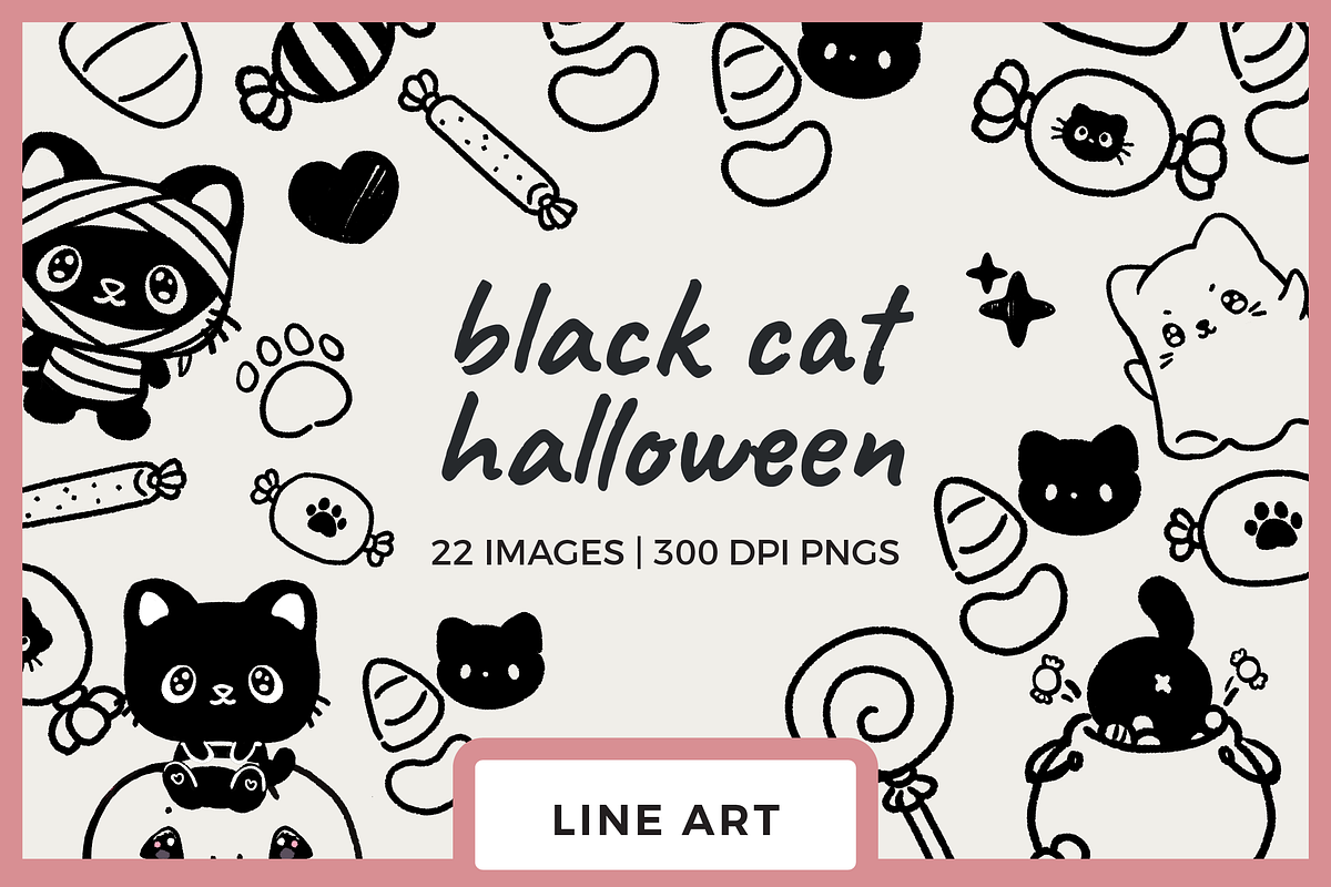 Kawaii Black Cat Line Art, a Seasonal Illustration by TheClipAtelier (Photo 1 of 3)