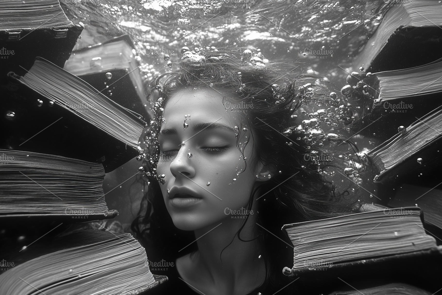 A serene underwater scene featuring a young psycholinguist woman with closed ey, a Person Photo by Textures & Backgrounds
