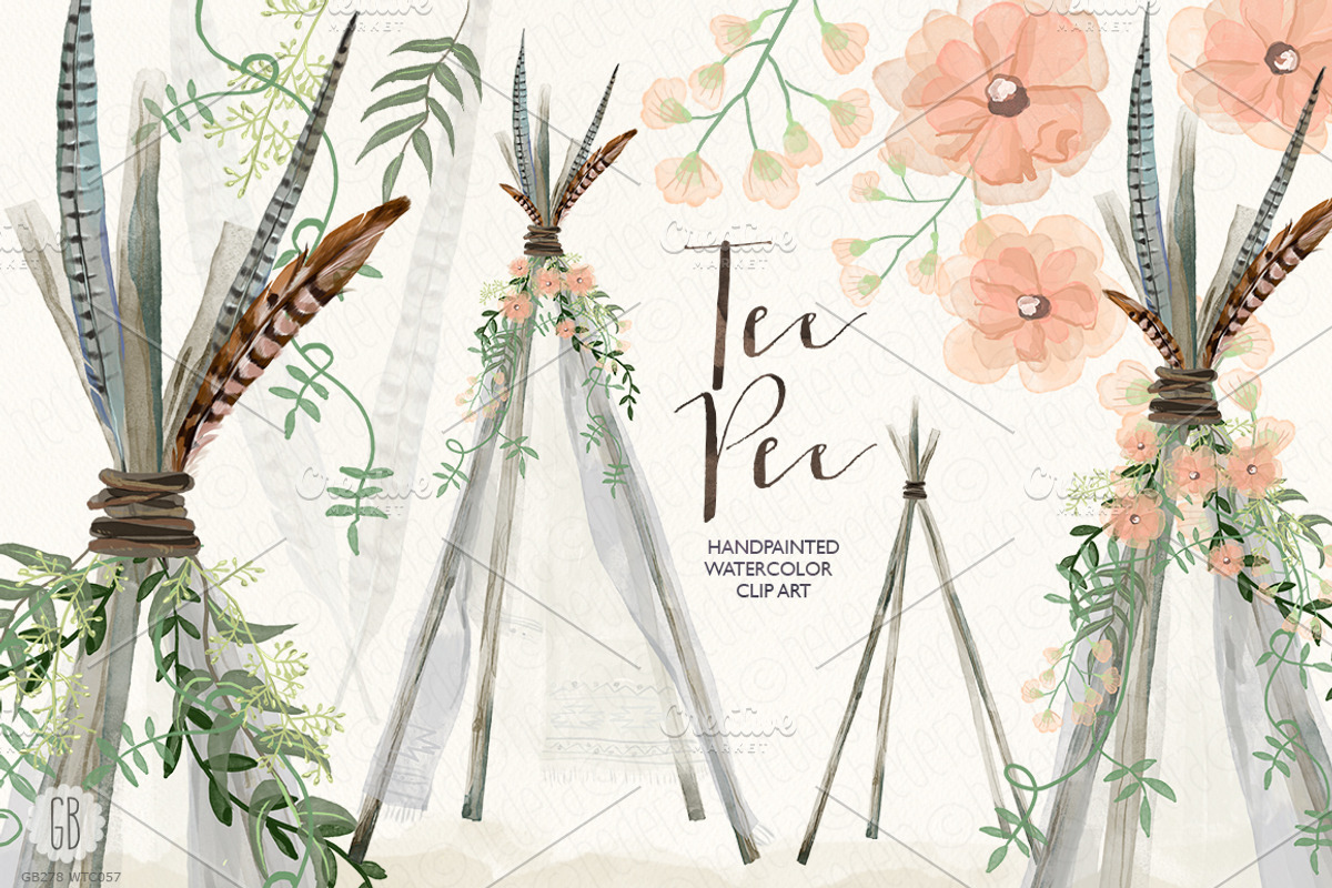 Watercolor tee pee, bohemian wedding, a Decorative Illustration by ...