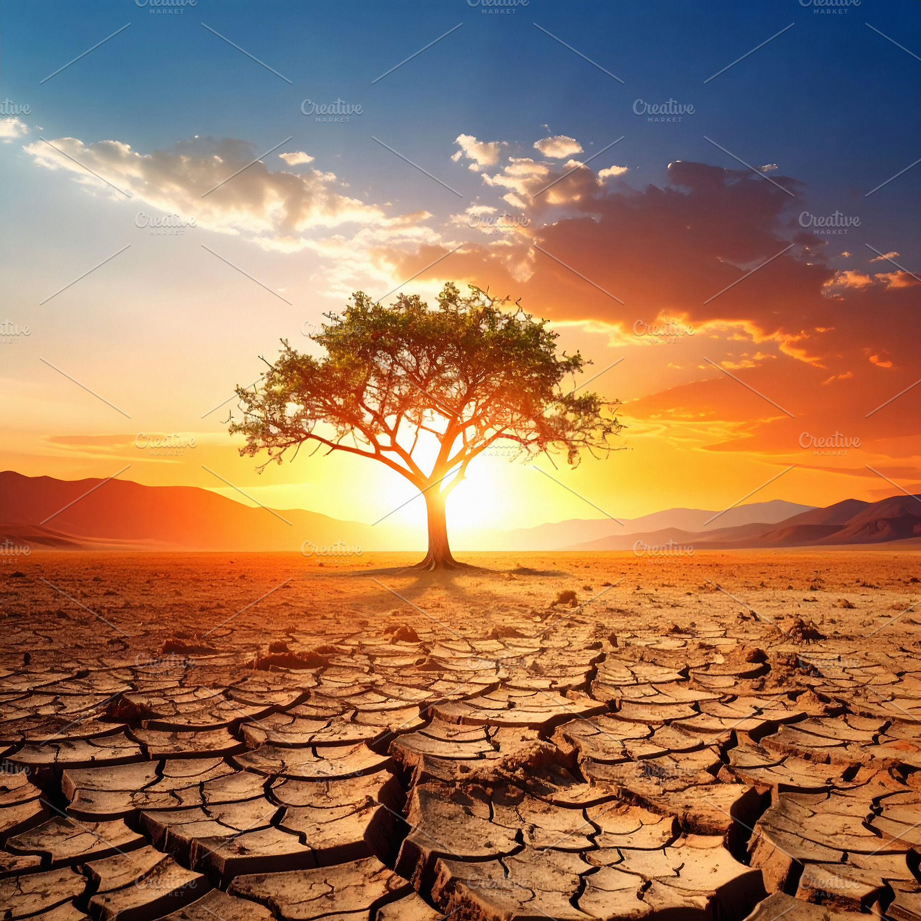 Lone tree in desert landscape during climate change, a Nature Photo by GoodGoods
