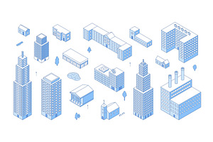 Isometric line city buildings. Urban, an Object Illustration by Valerie Bodnar