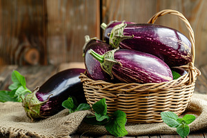 Fresh eggplants in basket on wooden table, a Food & Drink Photo by AlyaAnd