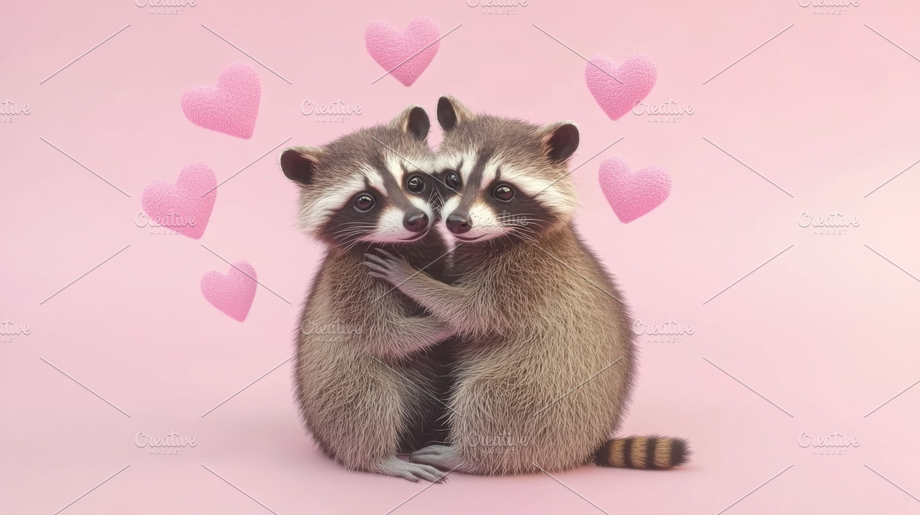 Two raccoons hugging against pink background with heart shapes,, a ...