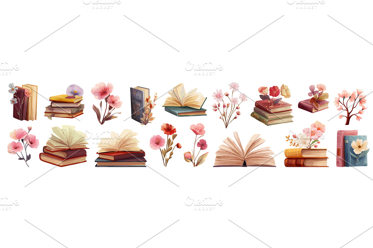 Books floral set. book open stacked, an Illustration by Stock-Smart-Start