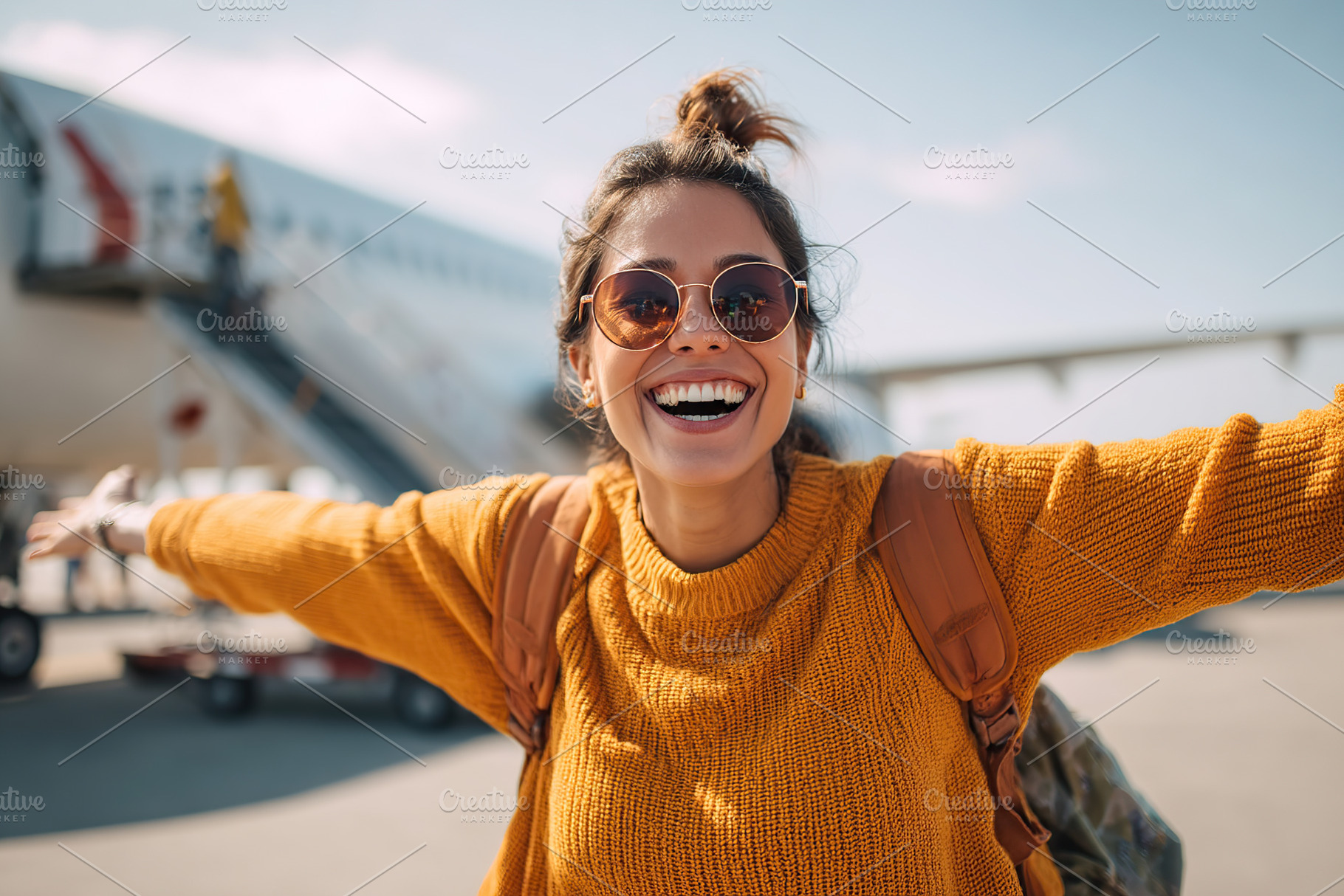 Cheerful woman in sunglasses smiling at the airport ready for new adventures, a Person Photo by AlyaAnd