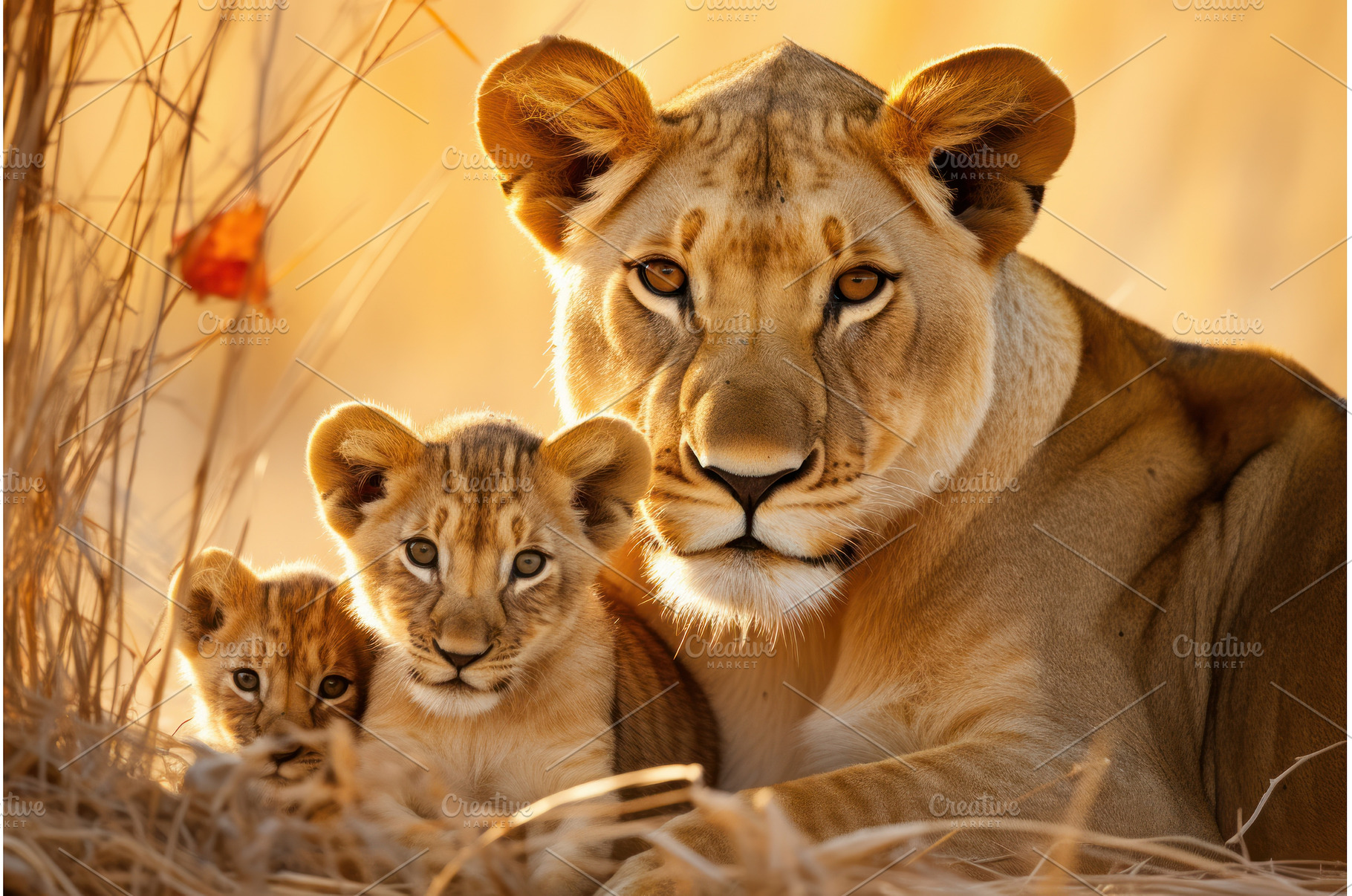Fiery Lioness her cubs sunset, an Animal Photo by Ylivdesign