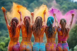 Friends celebrating a colorful festi, a Photo by Tanuart
