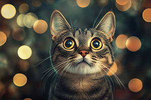 Surprised tabby cat looks up, a Photo by Pavel_design