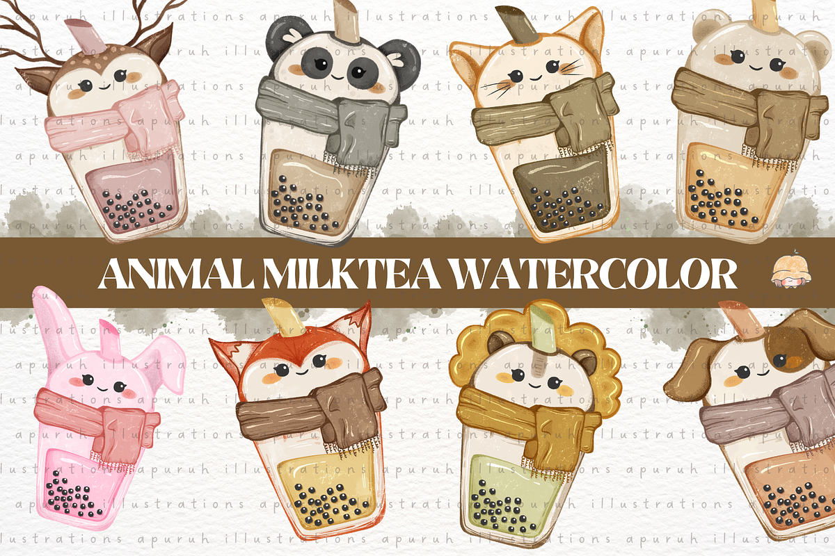 Cute Animal Faces on Bubble Tea Cups, an Animal Illustration by creationsbyapuruh (Photo 1 of 3)