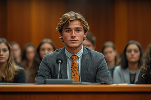 Young man testifies in courtroom as, a Photo by Tanuart