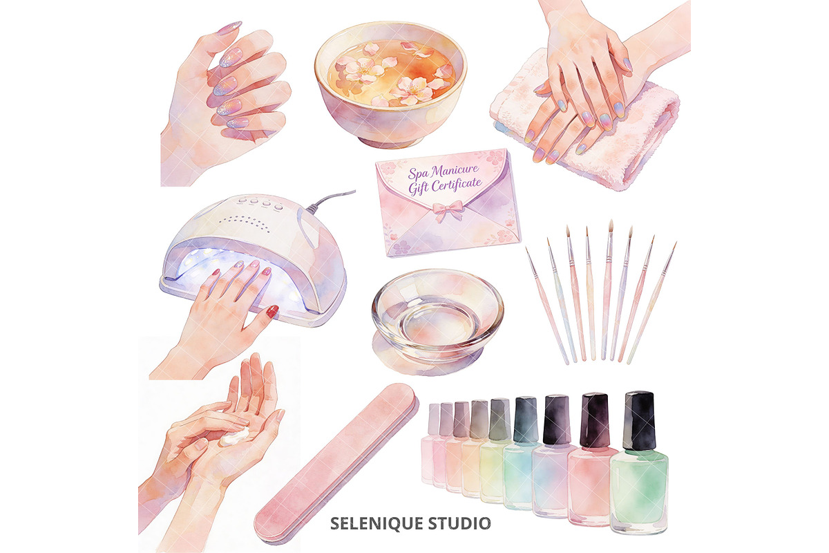 Watercolor Nail Salon Clipart, an Object Illustration by Selenique Studio (Photo 3 of 9)