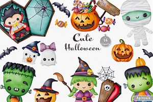 Cute Halloween Watercolor Clipart