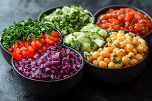 Freshly chopped vegetables and beans, a Photo by Tanuart