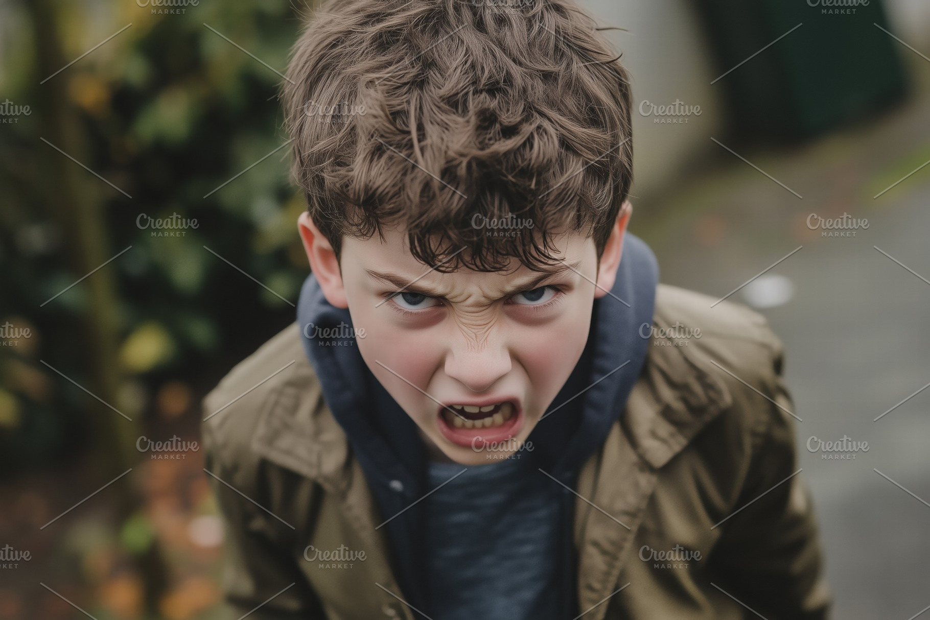 A young boy with curly hair is expressing anger, his face contorted in ...