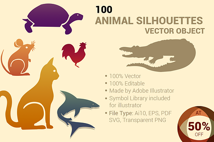 100 ANIMAL Silhouettes Vector Shapes, a Shape Add-On by ORCOLOR