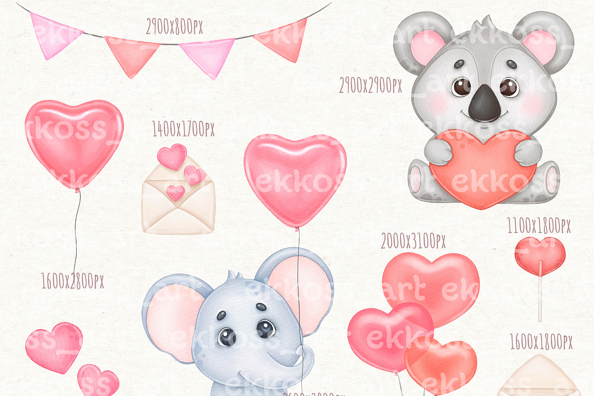 Valentines Day Watercolor Clipart, an Animal Illustration by ekossa_art (Photo 4 of 7)