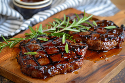 Two steaks resting on a cutting boar, a Photo by Iftikhar Alam