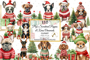 120 Watercolor Christmas Dog Clipart